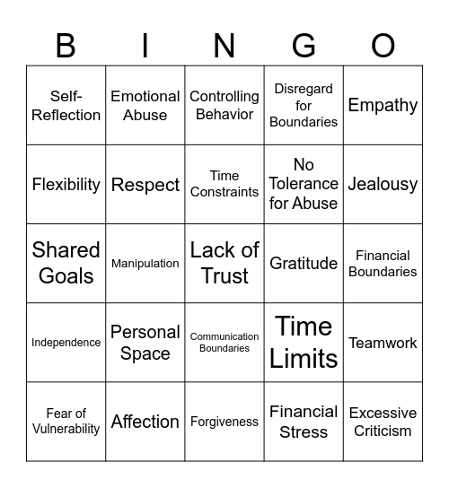 Healthy Relationships Bingo Card