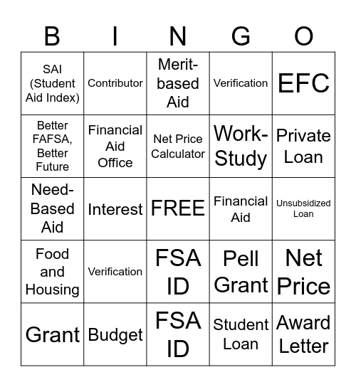 FAFSA Bingo Card