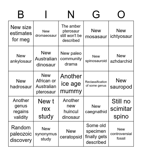 Paleontology 2025 Bingo Card