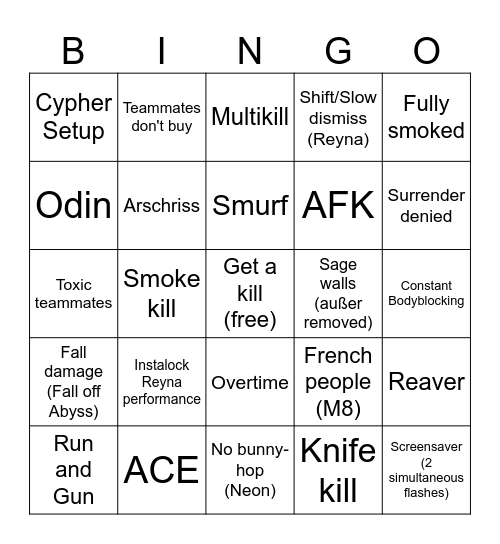 VALORANT Iron Bingo Card