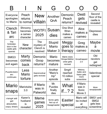 SMG4 2025 prediction bingo Card