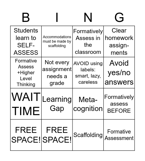 Formative Assessment! Bingo Card