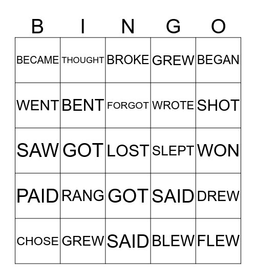 IXL Irregular Verbs (grade 3)  Bingo Card