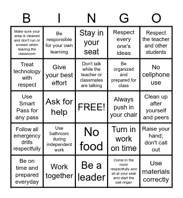Class Rules and Expectations Bingo Card