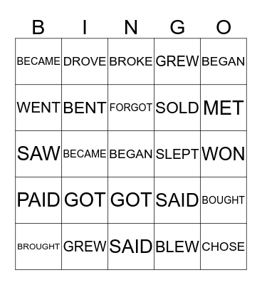 IXL Irregular Verbs (grade 3)  Bingo Card