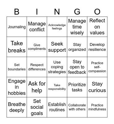 Managing Emotions Bingo Card