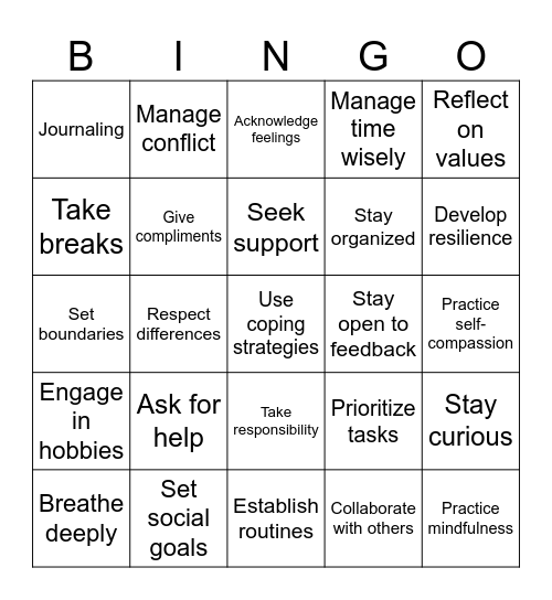 Managing Emotions Bingo Card