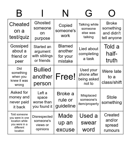 Honesty Bingo Card