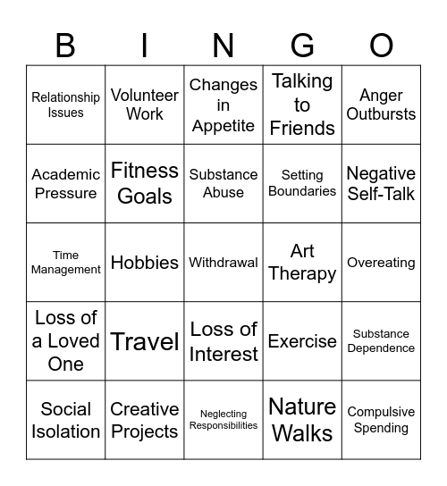 Mental Health Bingo Card