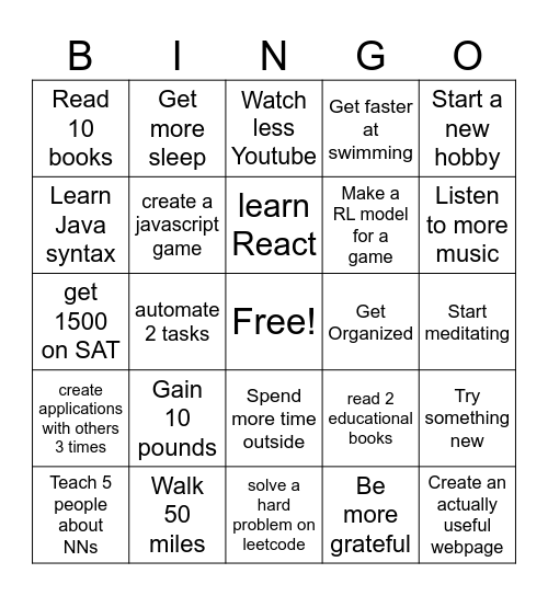 New Year's Resolution BINGO Card