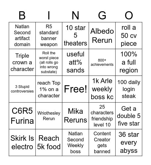 Genshin Bingo Card