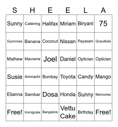 SHEELA Bingo Card