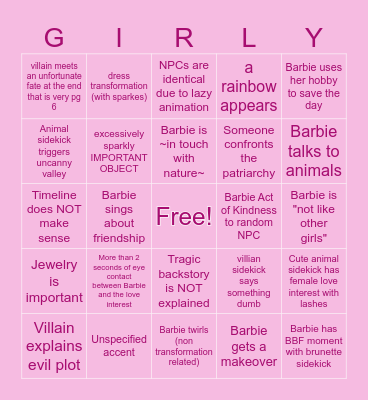 BARBIE MOVIE BINGO Card