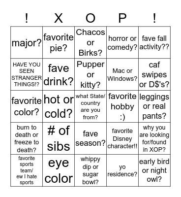 Chi Theta Rho Bingo Yo Bingo Card