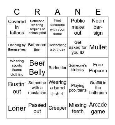 Modern Crane Bar Bingo Card
