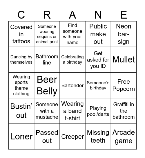 Modern Crane Bar Bingo Card