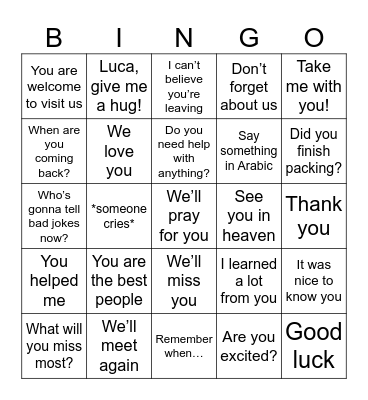 Farewell Bingo Card