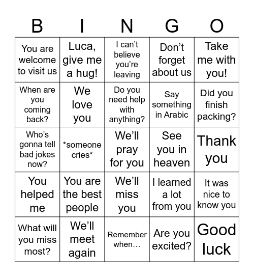 Farewell Bingo Card