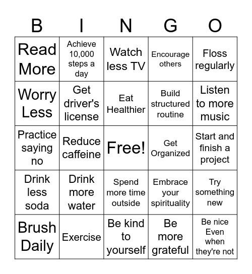 New Year's Resolution BINGO Card