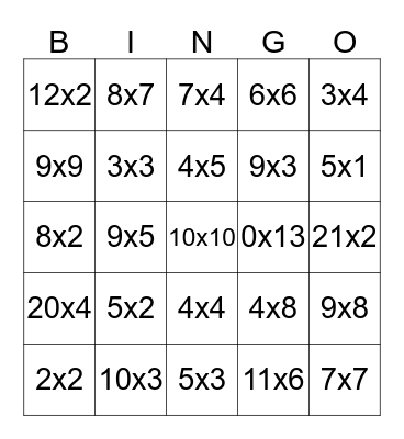 Multiplication Bingo Card