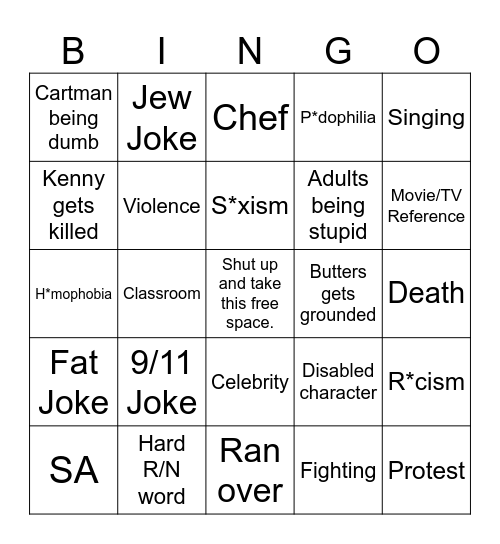 South Park Bingo Card