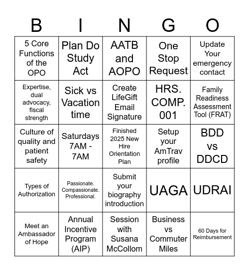 2025 Orientation Bingo - January Bingo Card