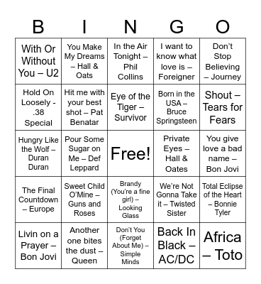 80s Rock Bingo Card