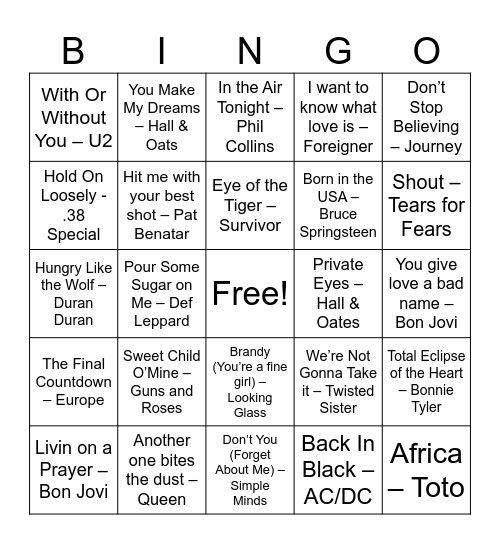80s Rock Bingo Card
