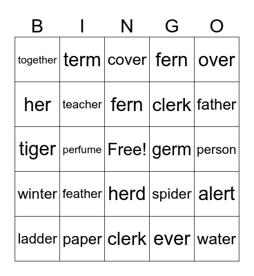 -er (R-controlled) Bingo Card
