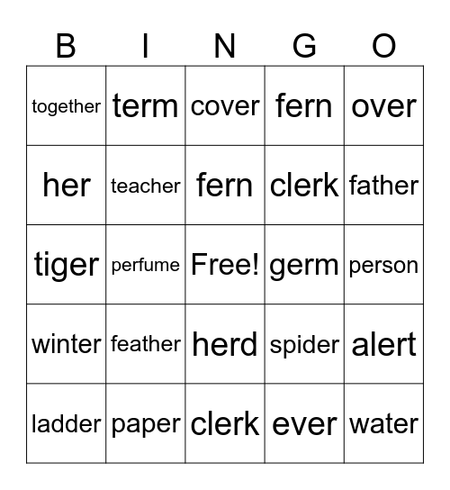 -er (R-controlled) Bingo Card