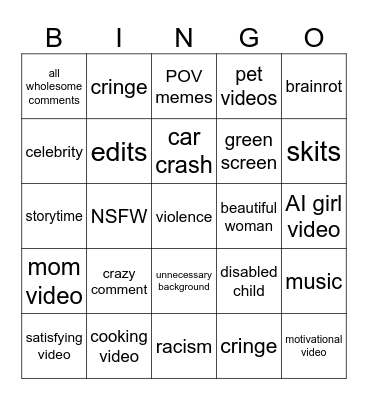 insta reelz Bingo Card