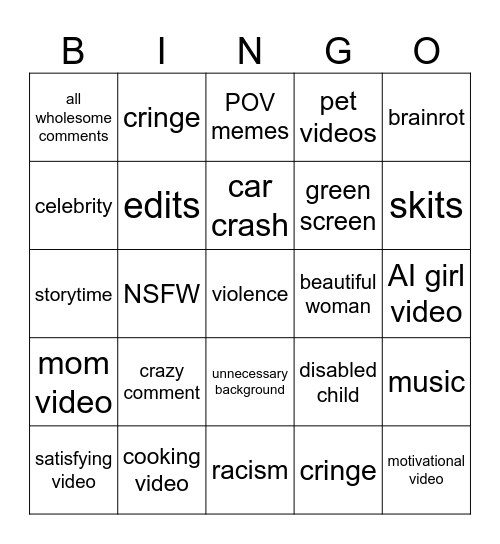 insta reelz Bingo Card