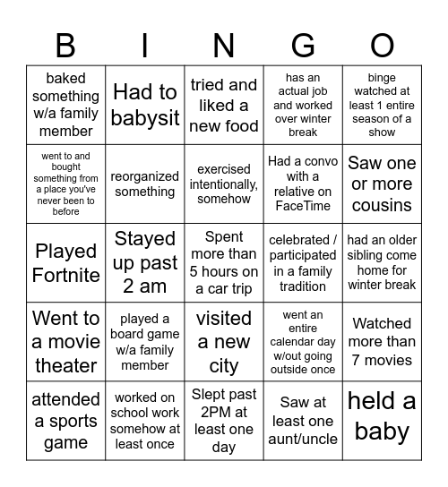 #2...Over winter break...Find someone who.... Bingo Card
