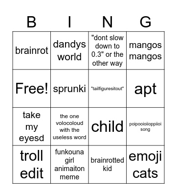 yt shorts bingo Card