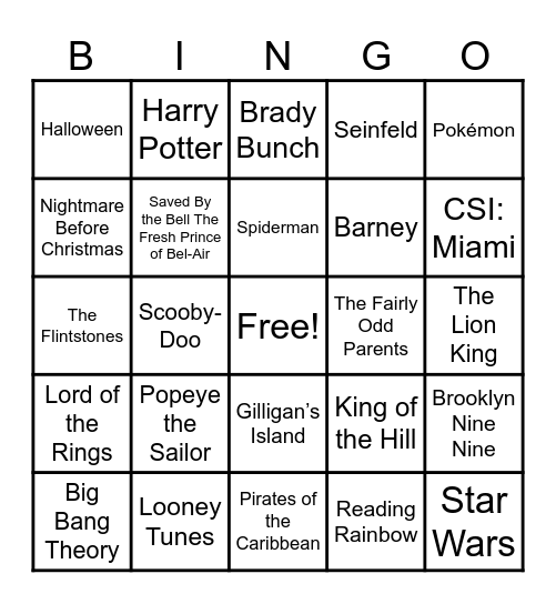 Theme Songs! Bingo Card
