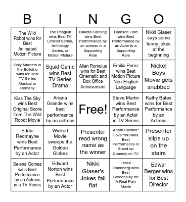 Golden Globes 2025 Bingo Card