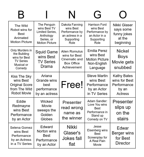 Golden Globes 2025 Bingo Card