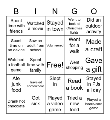 Winter Break Bingo Card