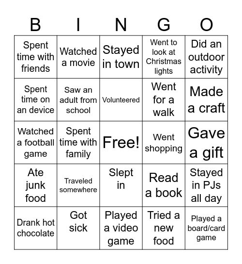 Winter Break Bingo Card