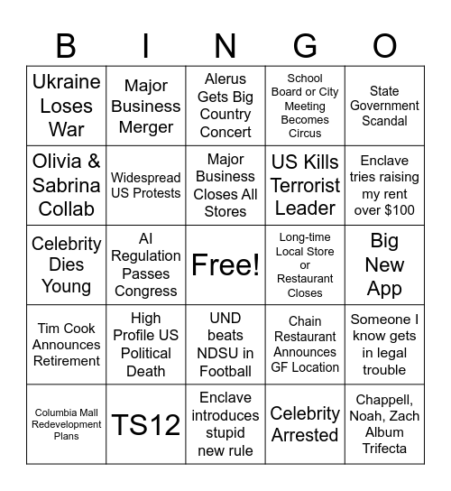 2025 Prediction Bingo Card