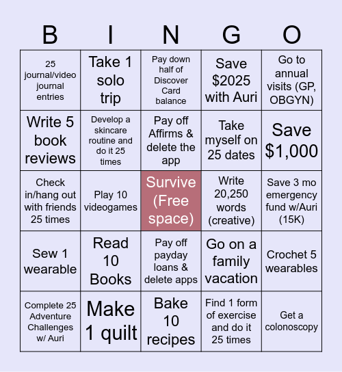 Natalie’s 2025 BinGOALS Bingo Card
