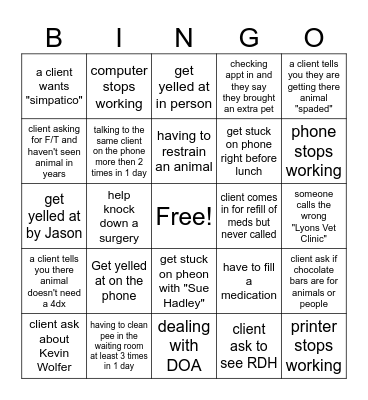 Lyons Vet Clinic Receptionist Bingo! Bingo Card
