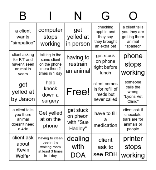 Lyons Vet Clinic Receptionist Bingo! Bingo Card