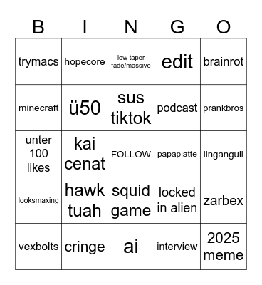 TIKTOK BINGO Card