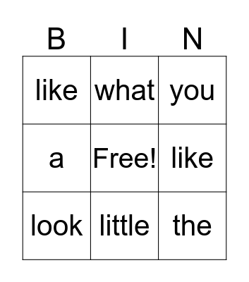 Sight Words Bingo Card