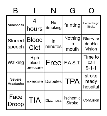 Stroke Prevention Bingo Card