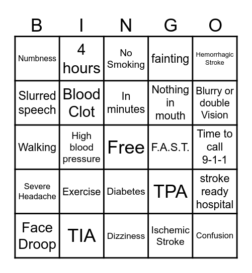 Stroke Prevention Bingo Card