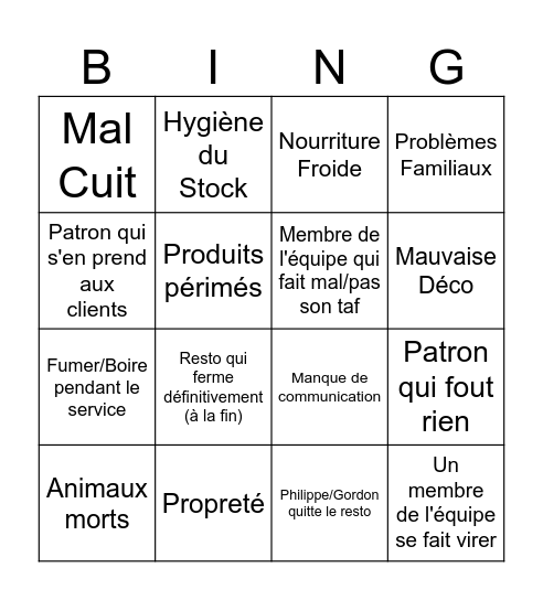 Cauchemar en Cuisine Bingo Card