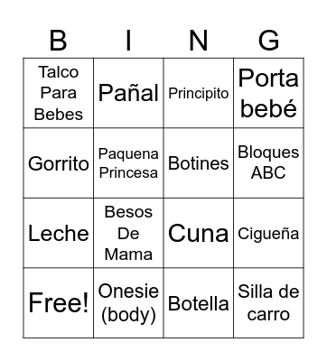 Baby Shower Bingo en espanol Bingo Card
