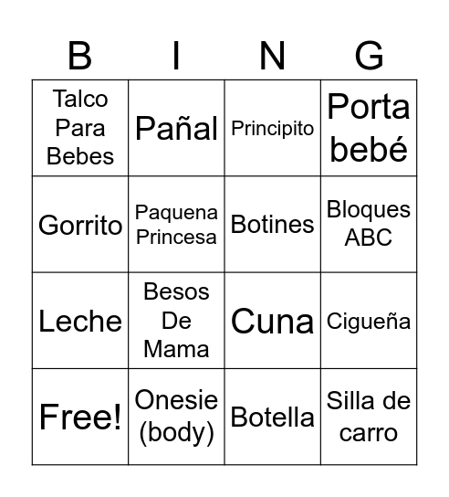Baby Shower Bingo en espanol Bingo Card